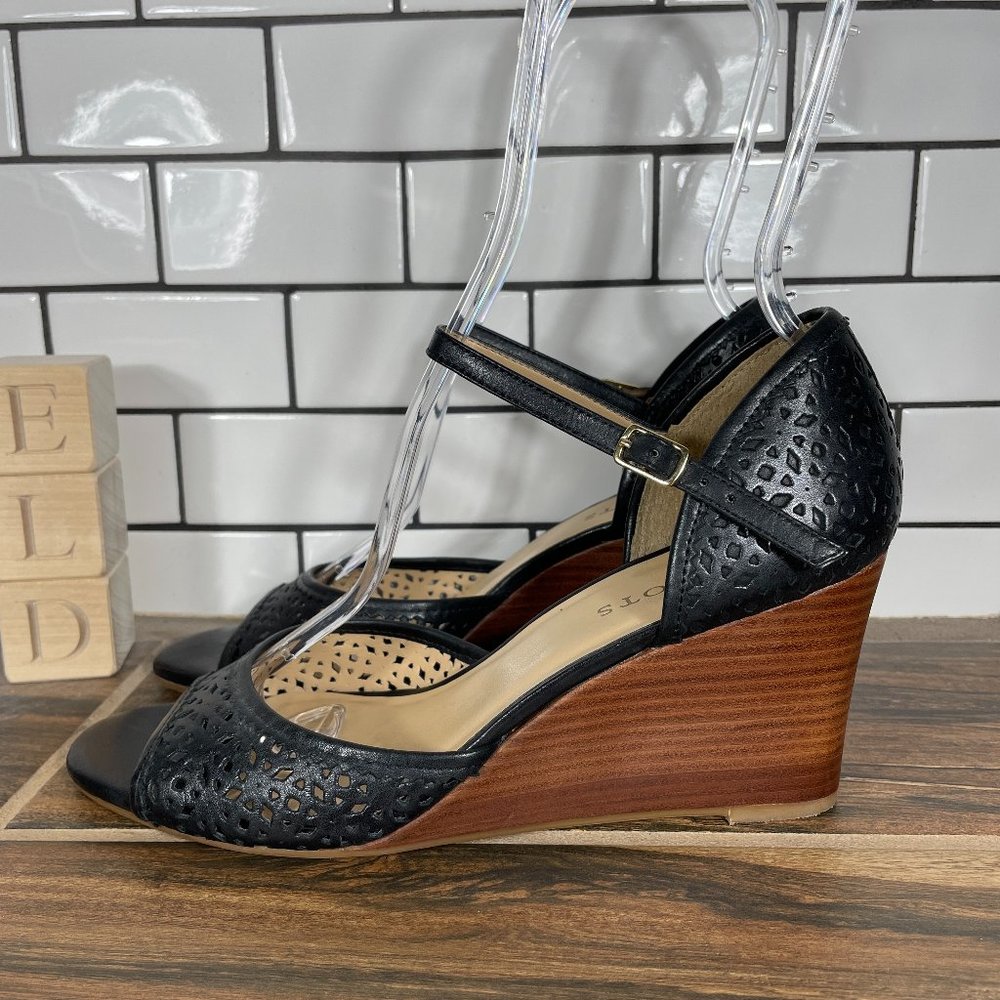 Talbots Womens Sz 8.5 Shoes Black Leather Open Toe Mary Jane Comfort Wedge